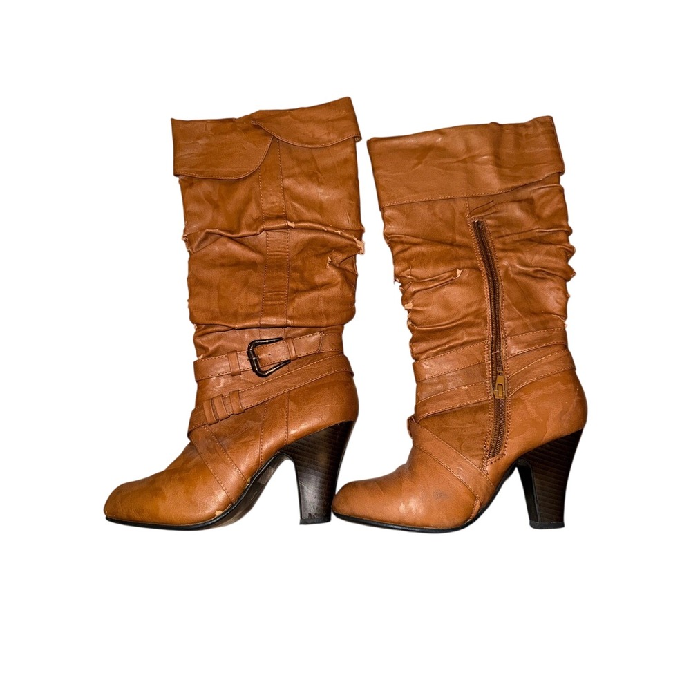Rue21 etc Womens Cognac Brown Slouchy High Heel Buckle Boots Size Small